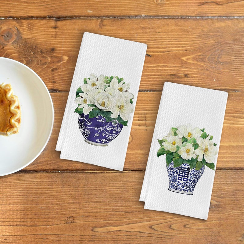 Qpenm Chinoiserie Vase Kitchen Tea Towel Set of 2 - Floral Dish Towels, Vintage Kitchen Towels, Waffle Weave Hand Towels 16 X 24 Inch - Image 3