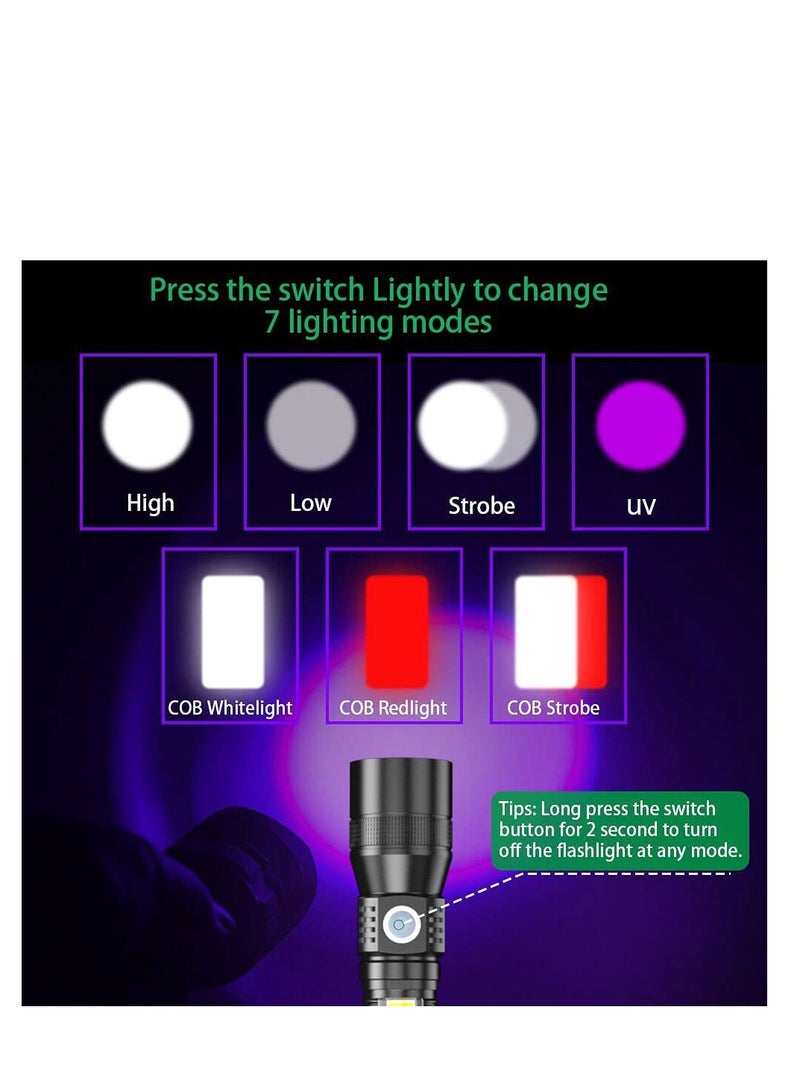 Excefore USB Rechargeable Torches, 3 in 1 Super Bright Torches LED  Rechargeable, with whitelight redlight & UV, Super Bright Waterproof LED Torch, 7 Modes, Zoomable, for Camping, Emergency (2 Pcs) - Image 4