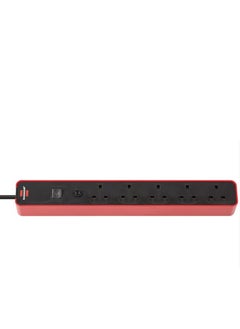 5-Way Extension Lead Red - Power Strip with 1.5m Cable, Safety Fuse Button, On/Off Switch, 90° Angled Sockets