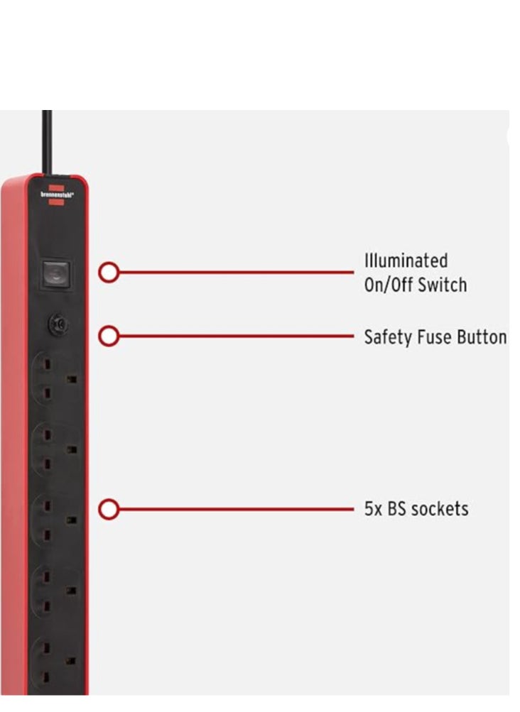 Brennenstuhl - 5-Way Extension Lead Red - Power Strip with 1.5m Cable, Safety Fuse Button, On/Off Switch, 90° Angled Sockets - Image 1
