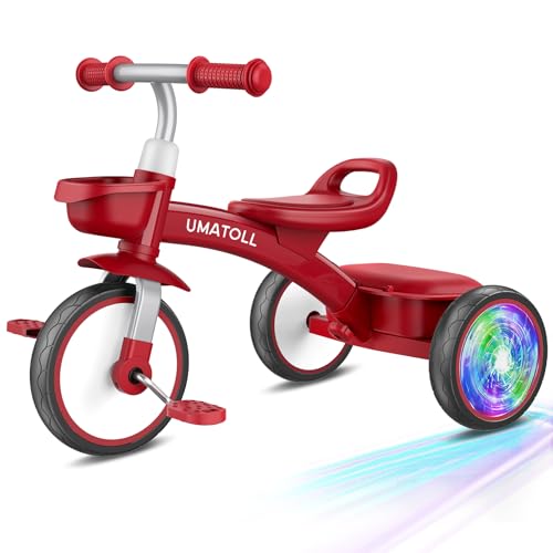 Umatoll Toddler Tricycle for 18 Month to 4 Year Old Boys GirlsToddler Bike Toys with Adjustable SeatLightUp WheelsBirthday Gift for Age 23 Red - Image 1