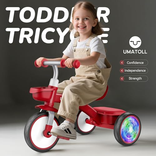 Umatoll Toddler Tricycle for 18 Month to 4 Year Old Boys GirlsToddler Bike Toys with Adjustable SeatLightUp WheelsBirthday Gift for Age 23 Red - Image 5