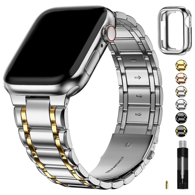 Fullmosa Bands Compatible with Apple Watch Band 45mm 44mm 42mm Stainless Steel iWatch Band with Case for Apple Watch Series 9 8 7 6 5 4 3 2 1 SE321 Silver and Gold - Image 2