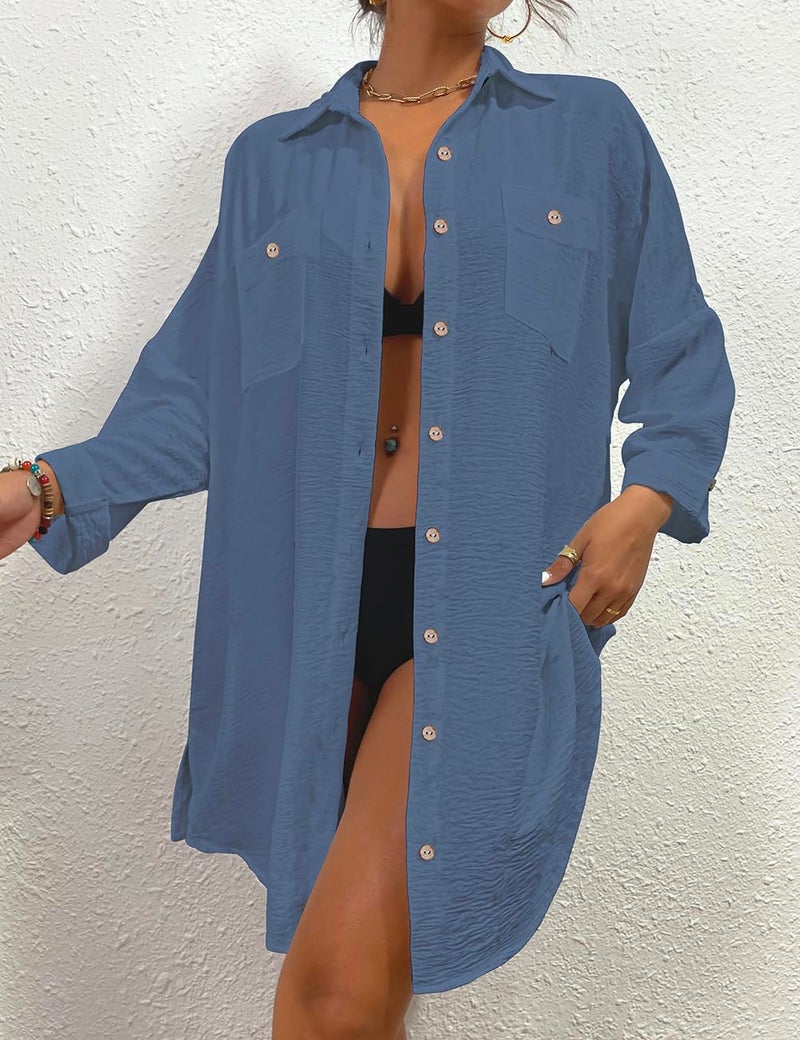 Bsubseach Womens Modern Swimsuit Cover Up Blouse Button Down Shirt Dresses Tops Blue L - Image 5