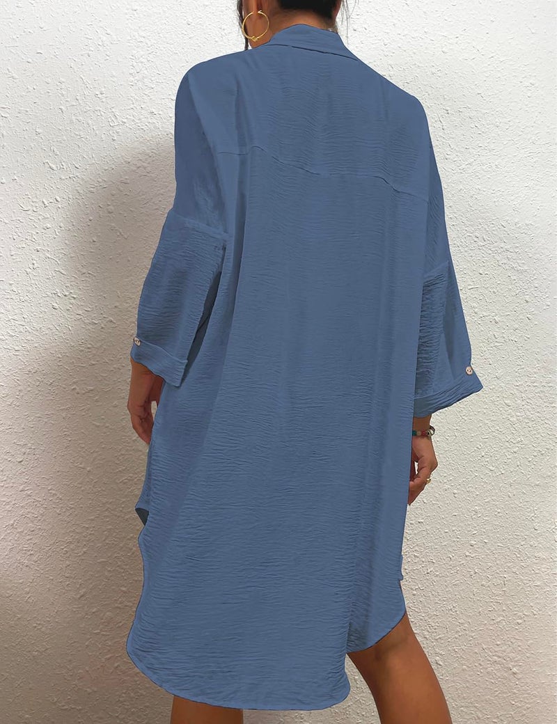 Bsubseach Womens Modern Swimsuit Cover Up Blouse Button Down Shirt Dresses Tops Blue L - Image 4