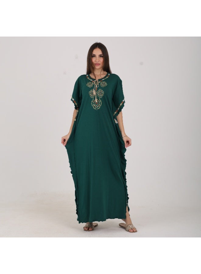ZECOTEX Premium Cotton Embroidered Jalabiya - Short Sleeve V-Neck Caftan with Tassel & Ruffle Trim - Plus Size Loungewear L to 5XL - Dark Emerald Green - Image 5