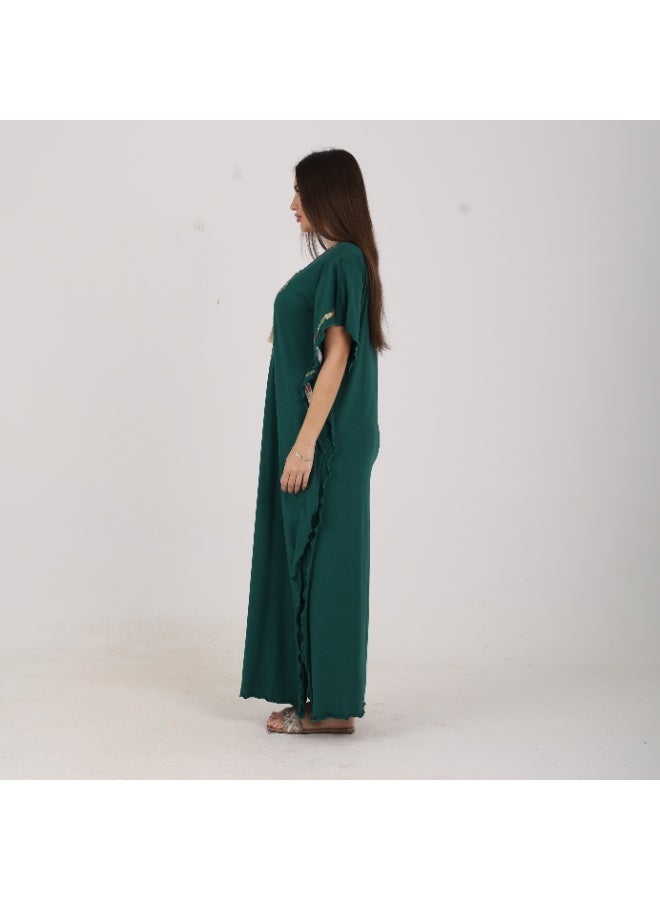 ZECOTEX Premium Cotton Embroidered Jalabiya - Short Sleeve V-Neck Caftan with Tassel & Ruffle Trim - Plus Size Loungewear L to 5XL - Dark Emerald Green - Image 3