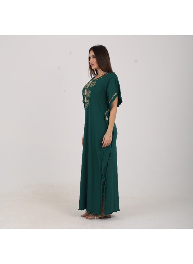 ZECOTEX Premium Cotton Embroidered Jalabiya - Short Sleeve V-Neck Caftan with Tassel & Ruffle Trim - Plus Size Loungewear L to 5XL - Dark Emerald Green - Image 2