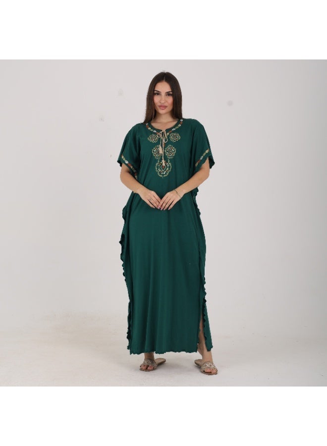 ZECOTEX Premium Cotton Embroidered Jalabiya - Short Sleeve V-Neck Caftan with Tassel & Ruffle Trim - Plus Size Loungewear L to 5XL - Dark Emerald Green - Image 1