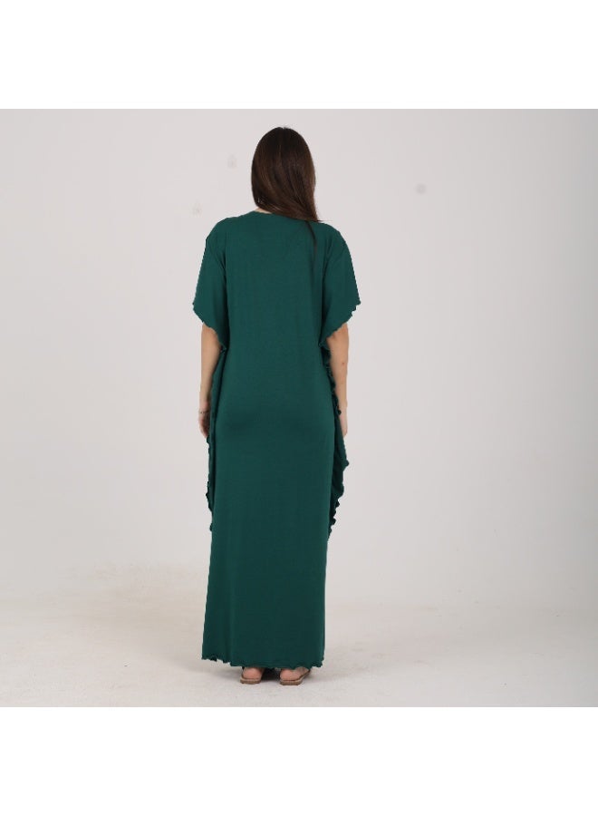 ZECOTEX Premium Cotton Embroidered Jalabiya - Short Sleeve V-Neck Caftan with Tassel & Ruffle Trim - Plus Size Loungewear L to 5XL - Dark Emerald Green - Image 4