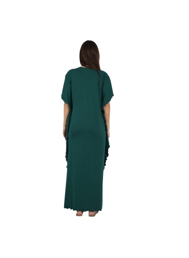 ZECOTEX Premium Cotton Embroidered Jalabiya - Short Sleeve V-Neck Caftan with Tassel & Ruffle Trim - Plus Size Loungewear L to 5XL - Dark Emerald Green - Image 4