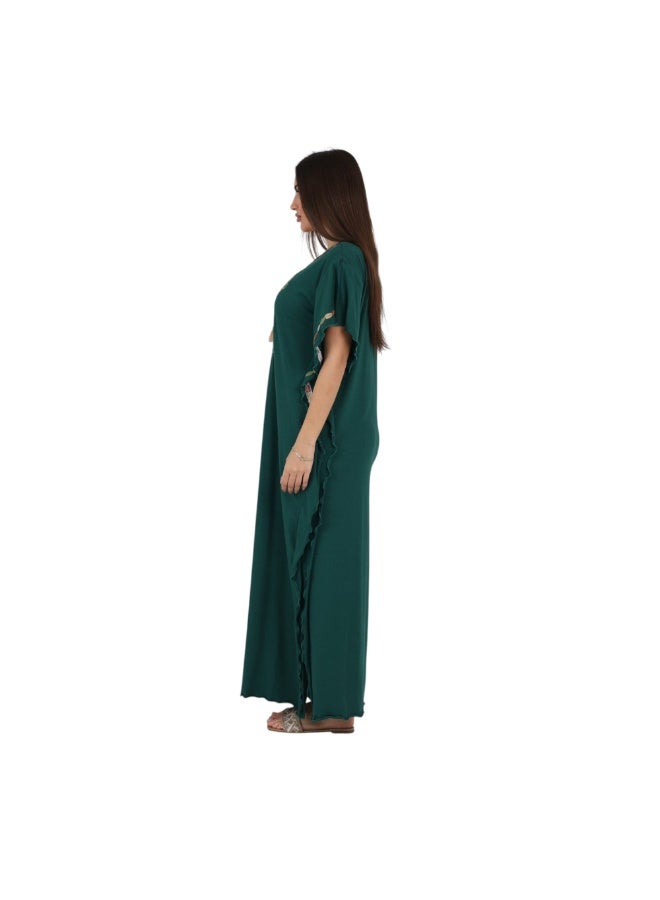 ZECOTEX Premium Cotton Embroidered Jalabiya - Short Sleeve V-Neck Caftan with Tassel & Ruffle Trim - Plus Size Loungewear L to 5XL - Dark Emerald Green - Image 3