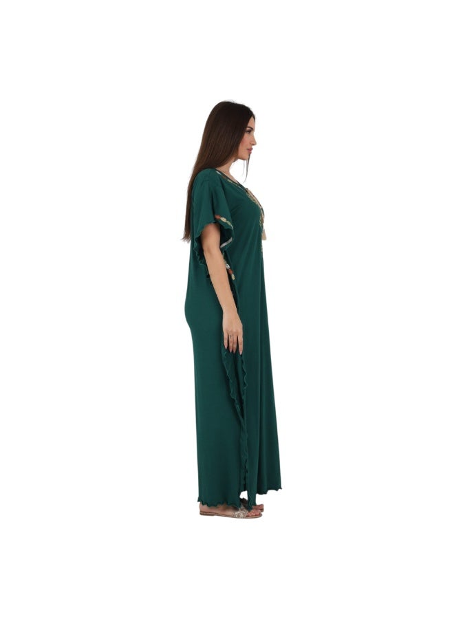 ZECOTEX Premium Cotton Embroidered Jalabiya - Short Sleeve V-Neck Caftan with Tassel & Ruffle Trim - Plus Size Loungewear L to 5XL - Dark Emerald Green - Image 5