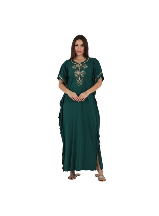 ZECOTEX Premium Cotton Embroidered Jalabiya - Short Sleeve V-Neck Caftan with Tassel & Ruffle Trim - Plus Size Loungewear L to 5XL - Dark Emerald Green - Image 1