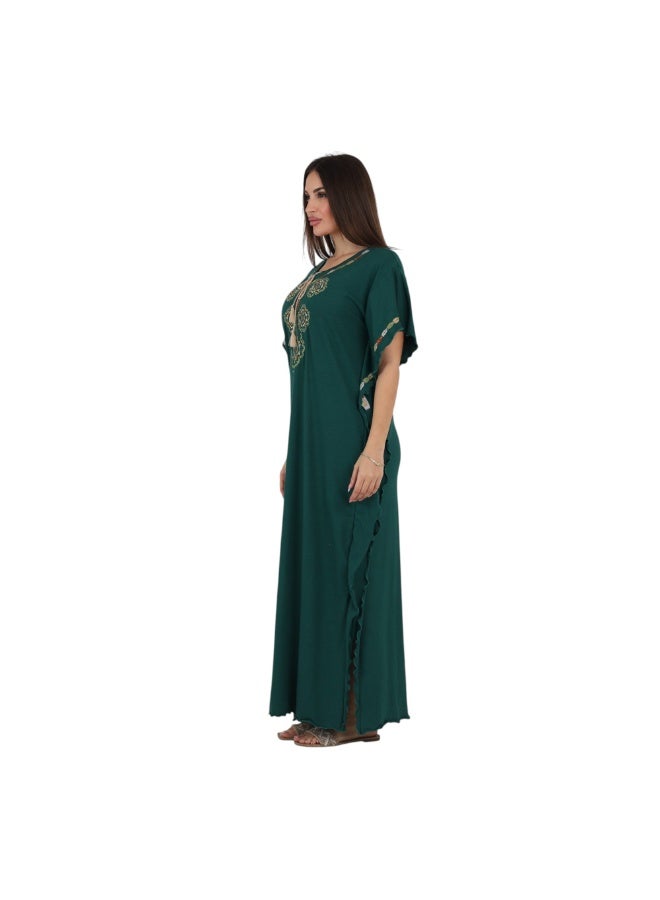 ZECOTEX Premium Cotton Embroidered Jalabiya - Short Sleeve V-Neck Caftan with Tassel & Ruffle Trim - Plus Size Loungewear L to 5XL - Dark Emerald Green - Image 2