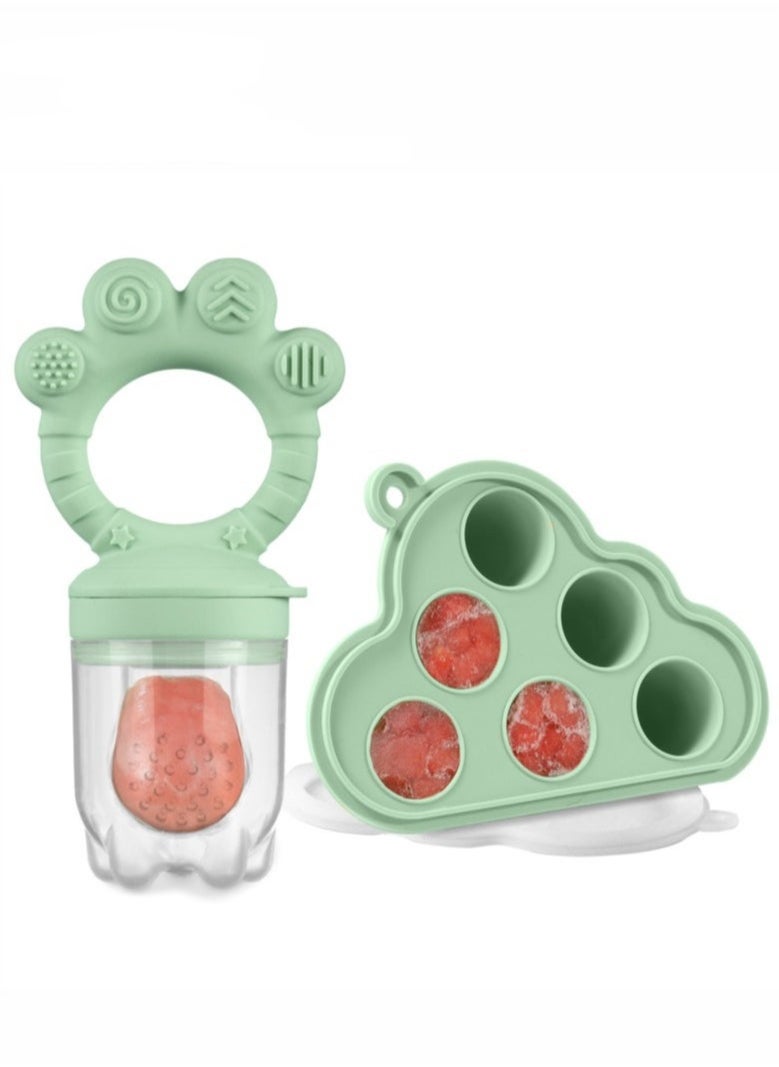 HieerBus Baby Fruit Food Feeder & Mini Freezer Nibble Tray Combo, Breastmilk Popsicle Molds for Baby Cooling Relief, BPA Free Silicone Feeder for Safe Infant Self Feeding, 4 Month+ ,Green  - Image 1