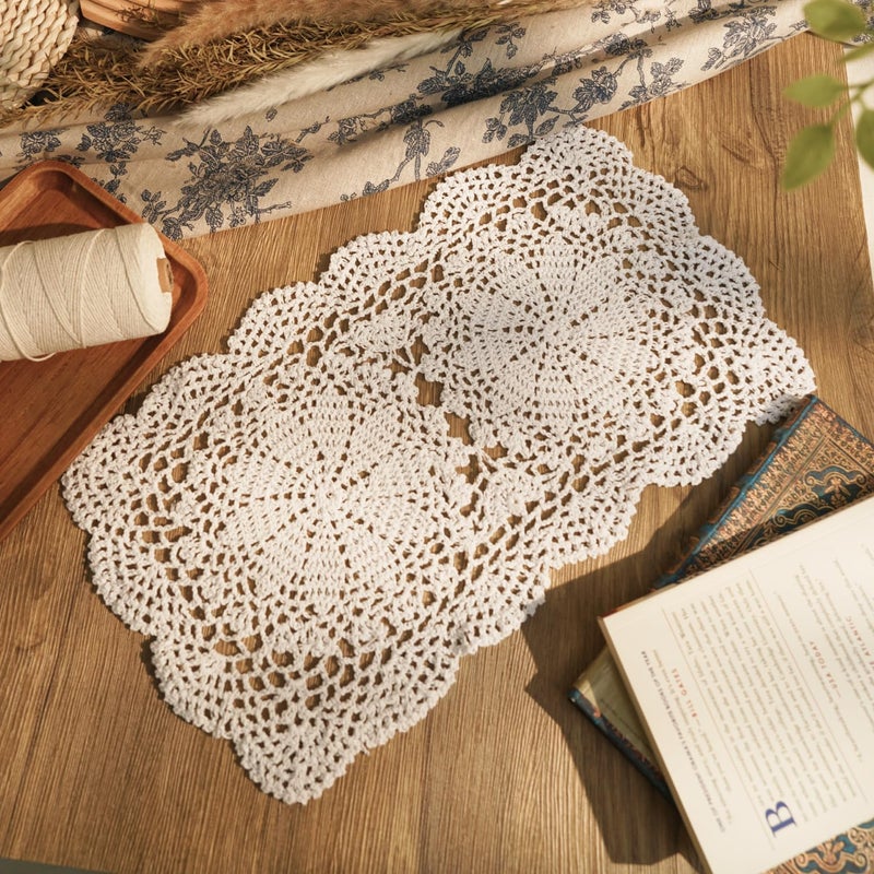 Phantomon Lace Doilies Handmade Crochet Placemats Cotton Doilies Cloth Lace  Pack of 2  Rectangular Shape Table Runner  10 x 17 inch (White) - Image 2