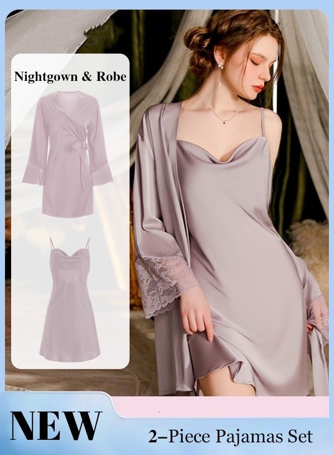 NIBEMINENT 2-Piece Set of Women Pajamas with V-Neck Design Home Wear Same Color Outer Robe and Lace Element Nightgown - Image 1