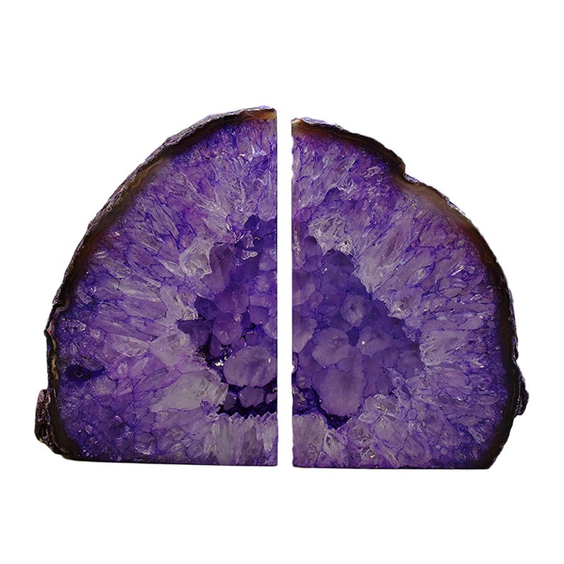 JIC Gem Dyed Purple Natural Agate Bookends Polished Stone Book Ends Crystal Geode Bookends for Shelves to Hold Books with Rubber Bumpers(1 Pair, 3-4 LBS) - Image 1