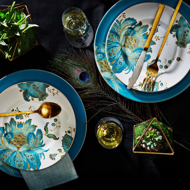 222 Fifth 16-Piece Porcelain Dinnerware Set for 4, Elegant Floral Plates and Bowls Sets-White, Teal, Gold Ceramic Dishes, Chip Resistant Kitchen and Dining Dish Set, Microwave & Dishwasher Safe, Eliza - Image 3