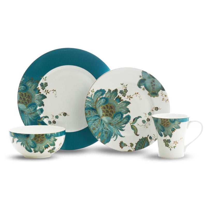 222 Fifth 16-Piece Porcelain Dinnerware Set for 4, Elegant Floral Plates and Bowls Sets-White, Teal, Gold Ceramic Dishes, Chip Resistant Kitchen and Dining Dish Set, Microwave & Dishwasher Safe, Eliza - Image 5