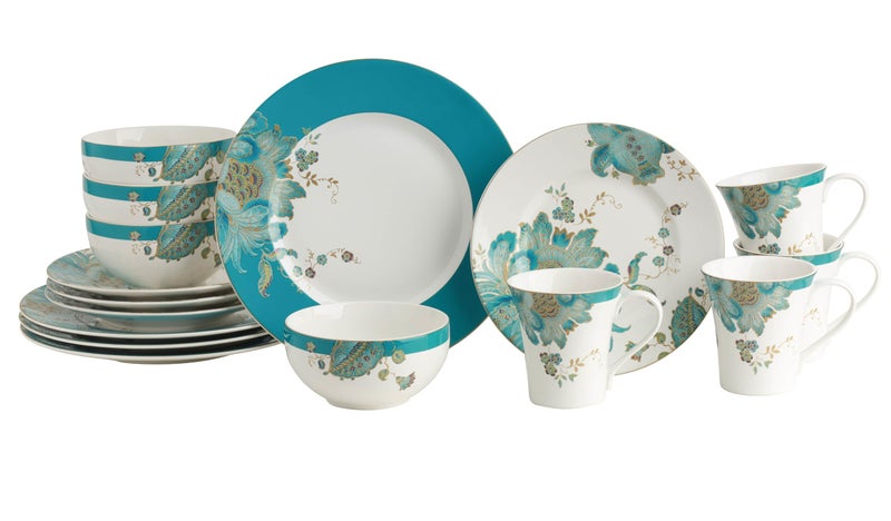 222 Fifth 16-Piece Porcelain Dinnerware Set for 4, Elegant Floral Plates and Bowls Sets-White, Teal, Gold Ceramic Dishes, Chip Resistant Kitchen and Dining Dish Set, Microwave & Dishwasher Safe, Eliza - Image 1