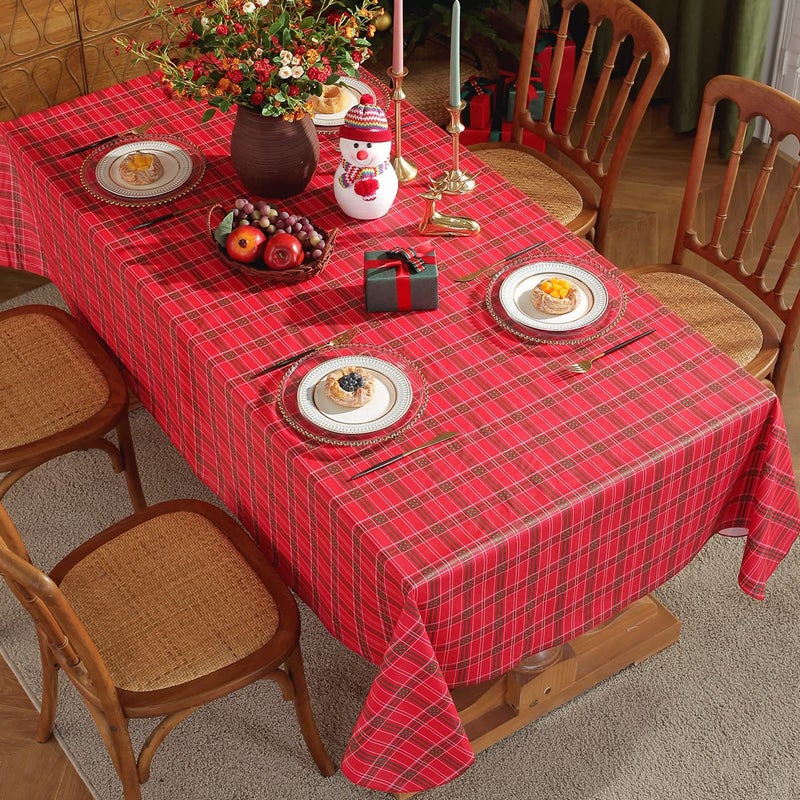 SASTYBALE Christmas Vinyl Tablecloth with Flannel Backing Checkered Plaid Plastic Rectangle Table Cloths OilProof Waterproof Table Covers for Winter Xmas  New Year Red 60x1201012 Seats