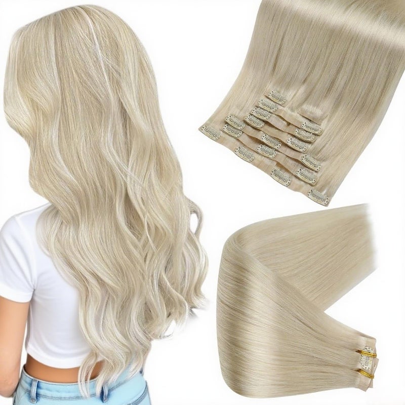 Full Shine Seamless Hair Extensions Real Human Hair Clip ins Platinum Blonde Silky Straight Clip in Hair Extensions Invisible Real Hair Extension Clip in Human Hair 14 Inch 8 PCS 120 Grams