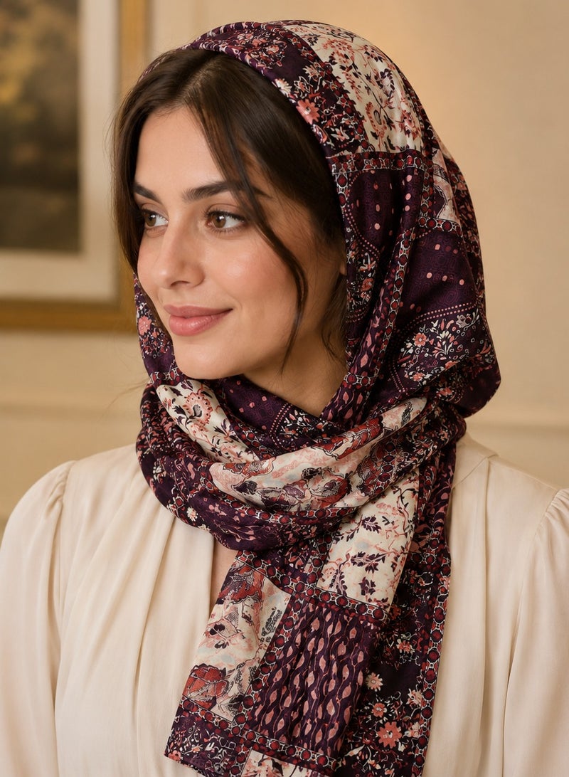 وشاح نسائي مطبوع، سكارف ناعم وخفيف الوزن ومتعدد الاستخدامات، 160 × 46 سم، بنفسجي غامق - Image 1