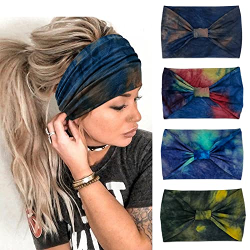 YONUF Wide Boho Headbands for Women Fashion Knotted Headband Yoga Workout Hair Accessories African Head Wrap Blue Tie Dye 4 Pack - Image 1