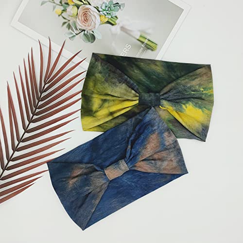 YONUF Wide Boho Headbands for Women Fashion Knotted Headband Yoga Workout Hair Accessories African Head Wrap Blue Tie Dye 4 Pack - Image 2