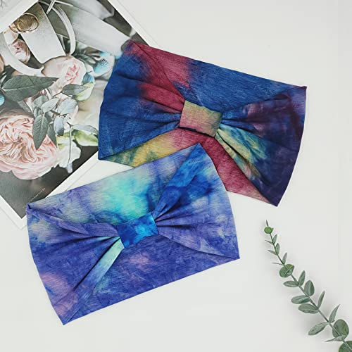 YONUF Wide Boho Headbands for Women Fashion Knotted Headband Yoga Workout Hair Accessories African Head Wrap Blue Tie Dye 4 Pack - Image 3