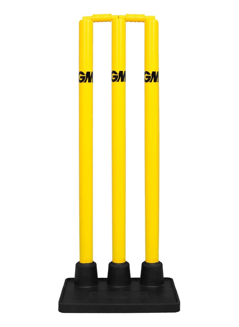 GM GM Plastic Cricket Stumps Set with Rubber Base | 3 Stumps + 2 Bails | 28" Height | Match Feel | Lightweight & Portable | Easy Assembly for Training & Backyard Cricket - Image 1