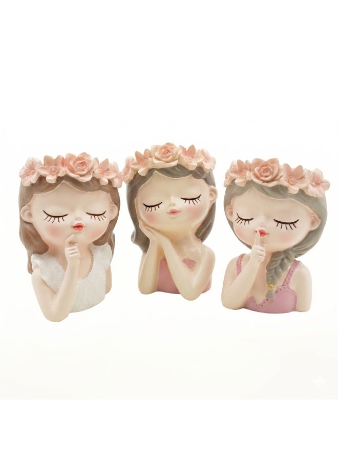 مجموعة من 3 قطع من Beram Fairy Think Sleep Shhh من مادة البولي راتنج المزخرفة على شكل نبات عصاري لطيف على شكل فتاة خرافية وعاء زهور مزهرية على سطح الطاولة حامل قلم رصاص مجموعة دعامة للمكتب المنزلي الداخلي والخارجي (مجموعة من 3 قطع) - Image 1