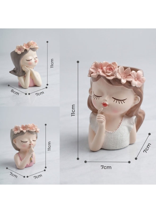 مجموعة من 3 قطع من Beram Fairy Think Sleep Shhh من مادة البولي راتنج المزخرفة على شكل نبات عصاري لطيف على شكل فتاة خرافية وعاء زهور مزهرية على سطح الطاولة حامل قلم رصاص مجموعة دعامة للمكتب المنزلي الداخلي والخارجي (مجموعة من 3 قطع) - Image 2