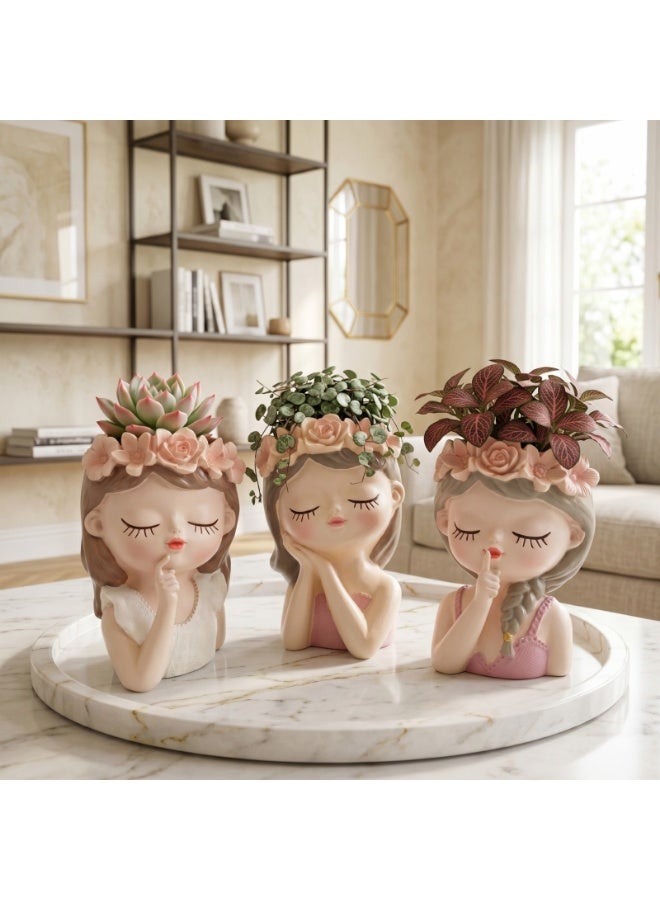 مجموعة من 3 قطع من Beram Fairy Think Sleep Shhh من مادة البولي راتنج المزخرفة على شكل نبات عصاري لطيف على شكل فتاة خرافية وعاء زهور مزهرية على سطح الطاولة حامل قلم رصاص مجموعة دعامة للمكتب المنزلي الداخلي والخارجي (مجموعة من 3 قطع) - Image 4