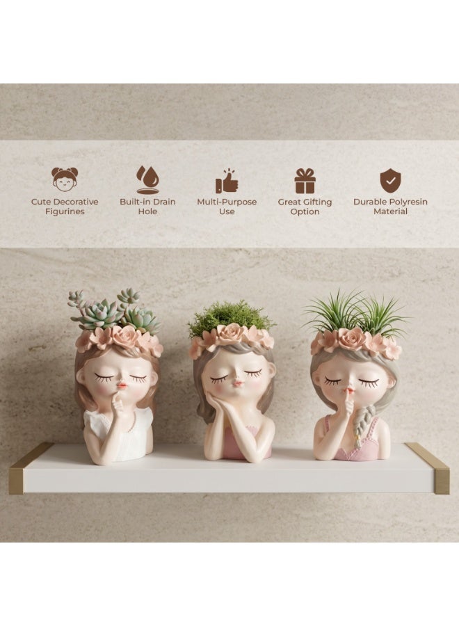 مجموعة من 3 قطع من Beram Fairy Think Sleep Shhh من مادة البولي راتنج المزخرفة على شكل نبات عصاري لطيف على شكل فتاة خرافية وعاء زهور مزهرية على سطح الطاولة حامل قلم رصاص مجموعة دعامة للمكتب المنزلي الداخلي والخارجي (مجموعة من 3 قطع) - Image 5