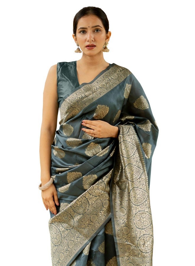 Subham Women's Silk Cotton Kanjivaram Soft Saree with Blouse Piece | Jacquard Design Banarasi Sarees (45851 - Dark Grey, Golden) - Image 1