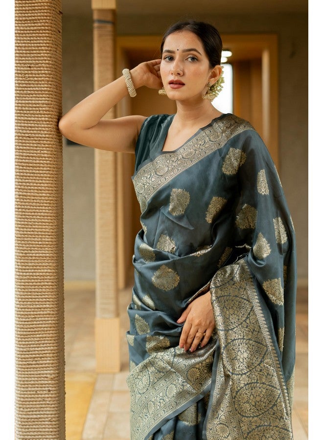 Subham Women's Silk Cotton Kanjivaram Soft Saree with Blouse Piece | Jacquard Design Banarasi Sarees (45851 - Dark Grey, Golden) - Image 5
