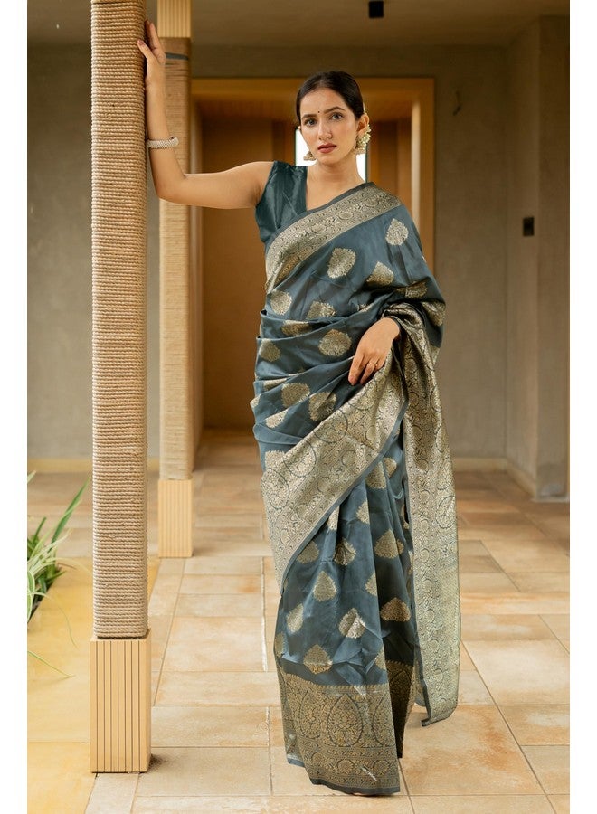 Subham Women's Silk Cotton Kanjivaram Soft Saree with Blouse Piece | Jacquard Design Banarasi Sarees (45851 - Dark Grey, Golden) - Image 2