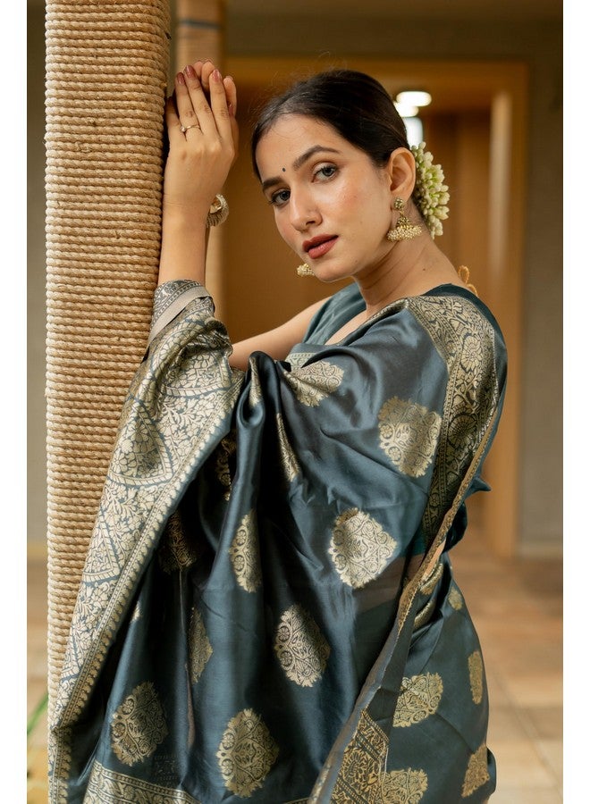 Subham Women's Silk Cotton Kanjivaram Soft Saree with Blouse Piece | Jacquard Design Banarasi Sarees (45851 - Dark Grey, Golden) - Image 4