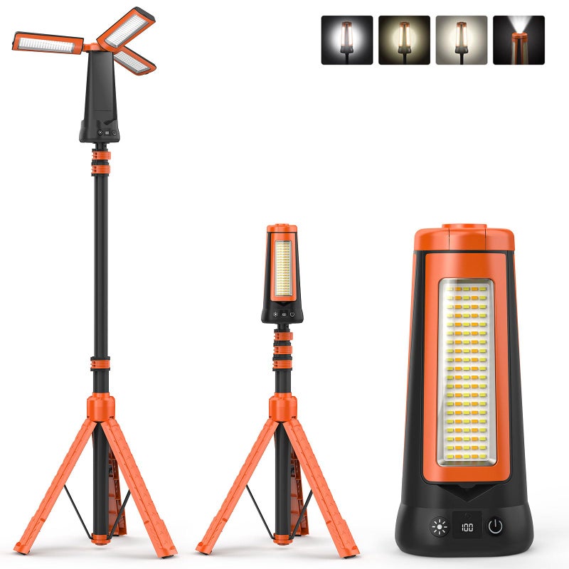 Dimgogo Rechargeable Camping Light with Stand 7ft Max Height, 15000mAh Portable Cordless LED Work Light, 5500 Lumen 6500/4500/3500K Dimmable Emergency Flashlight with Detachable Tripod, Orange - Image 1