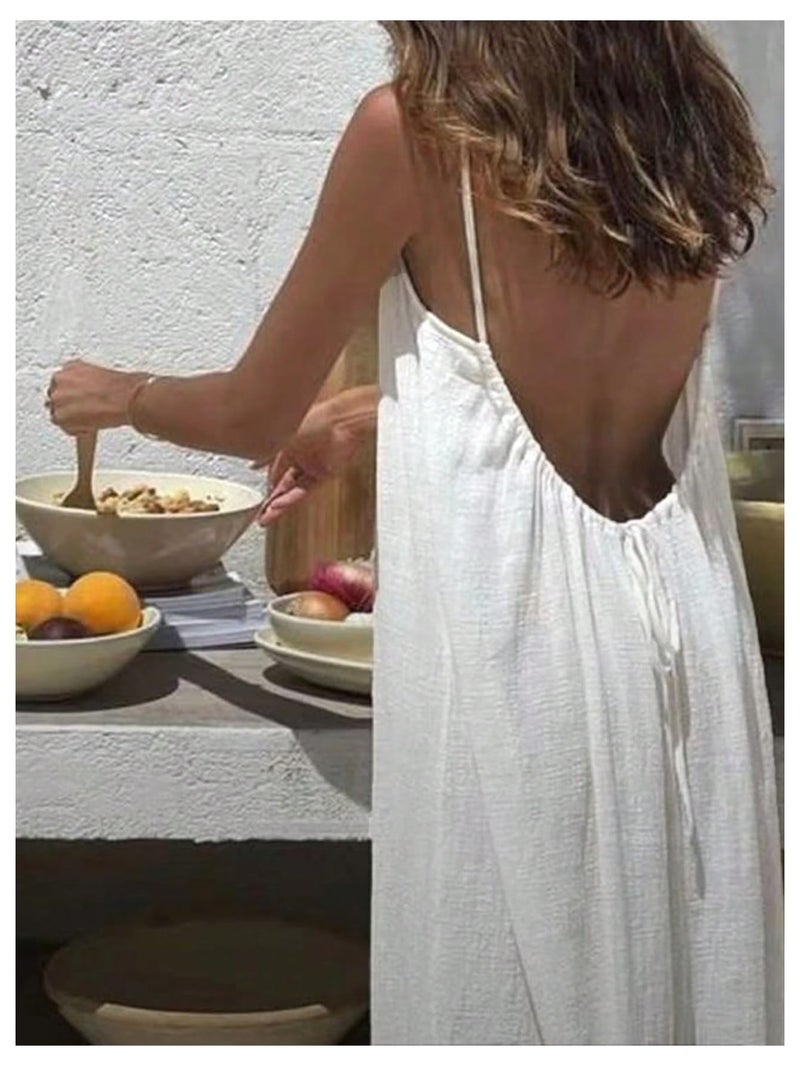 MakeMeChic Women's Summer Flowy Maxi Dresses Vacation Spaghetti Strap Sleeveless Backless Dress White Medium - Image 3