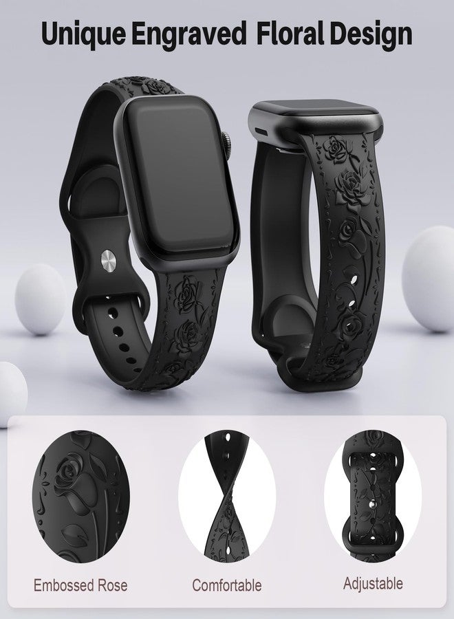MEULOT Floral Engraved Band Compatible with Apple Watch Band 40mm 41mm 38mm 42mm 44mm 45mm 46mm 49mm Women, Soft Silicone Embossed Flower Strap for iWatch Band Series SE Ultra 11 10 9 8 7 6 5 4 3 Black 38 - Image 2