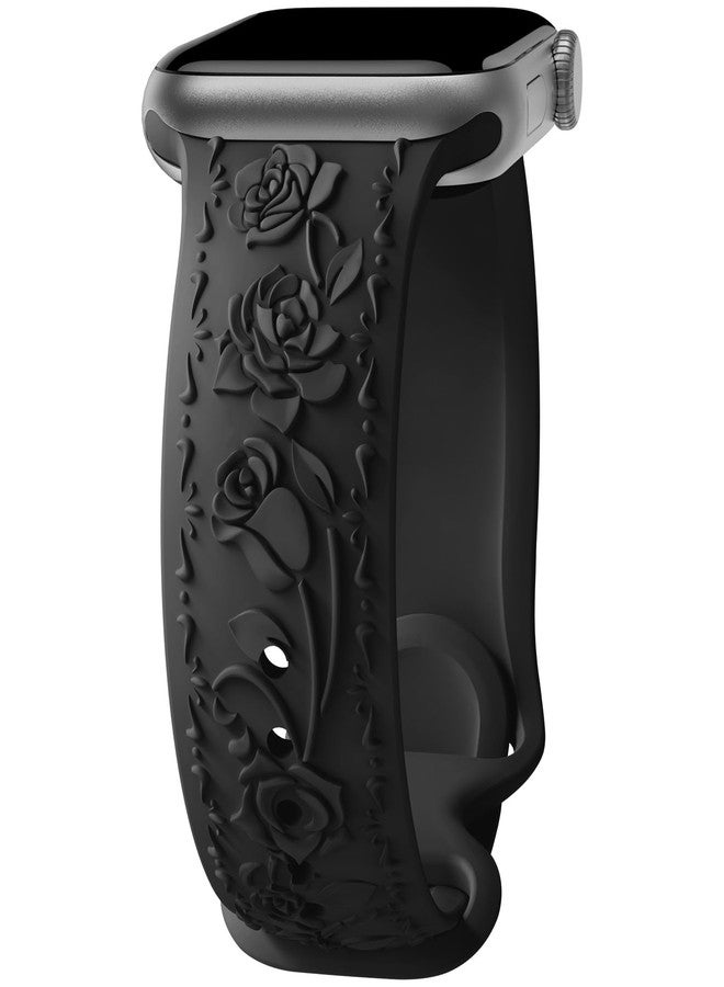 MEULOT Floral Engraved Band Compatible with Apple Watch Band 40mm 41mm 38mm 42mm 44mm 45mm 46mm 49mm Women, Soft Silicone Embossed Flower Strap for iWatch Band Series SE Ultra 11 10 9 8 7 6 5 4 3 Black 38 - Image 1