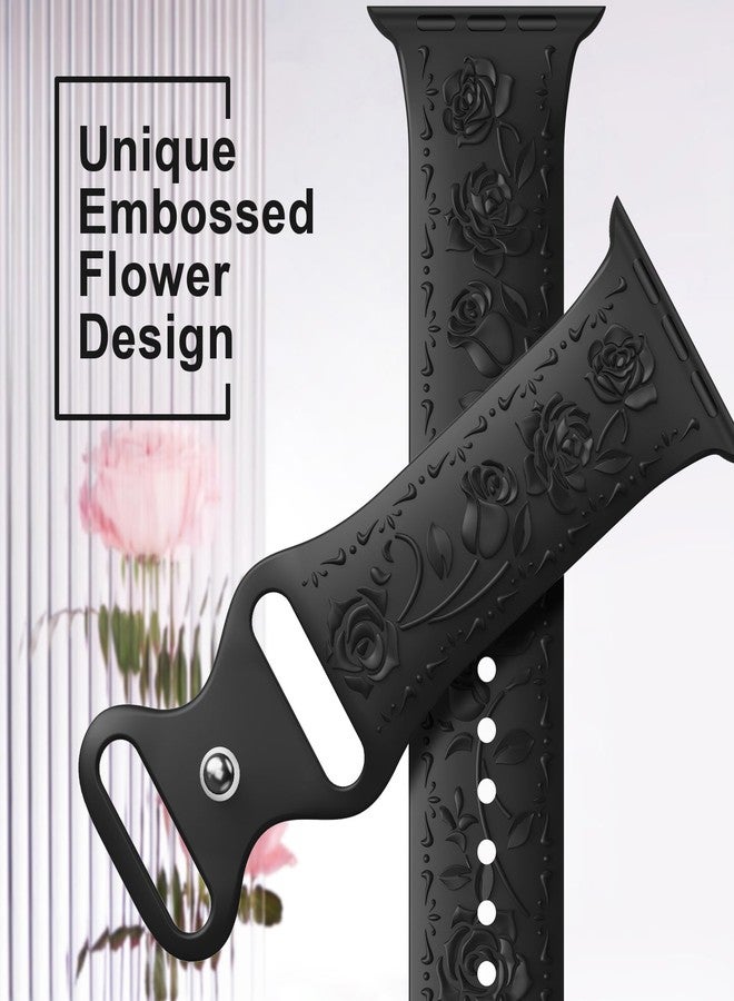 MEULOT Floral Engraved Band Compatible with Apple Watch Band 40mm 41mm 38mm 42mm 44mm 45mm 46mm 49mm Women, Soft Silicone Embossed Flower Strap for iWatch Band Series SE Ultra 11 10 9 8 7 6 5 4 3 Black 38 - Image 3
