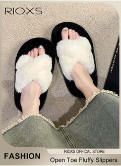 ريوكس النعال النسائية المنفوشة، أنيقة كروس الفرقة النعال الفلفي للنساء، الناعمة Coft Cozy Open-toe House Slippers، الفروية الدافئة المريحة انزلاقات الملابس الداخلية في الهواء الطلق، النعال المانعة للانزلاق  - Image 2