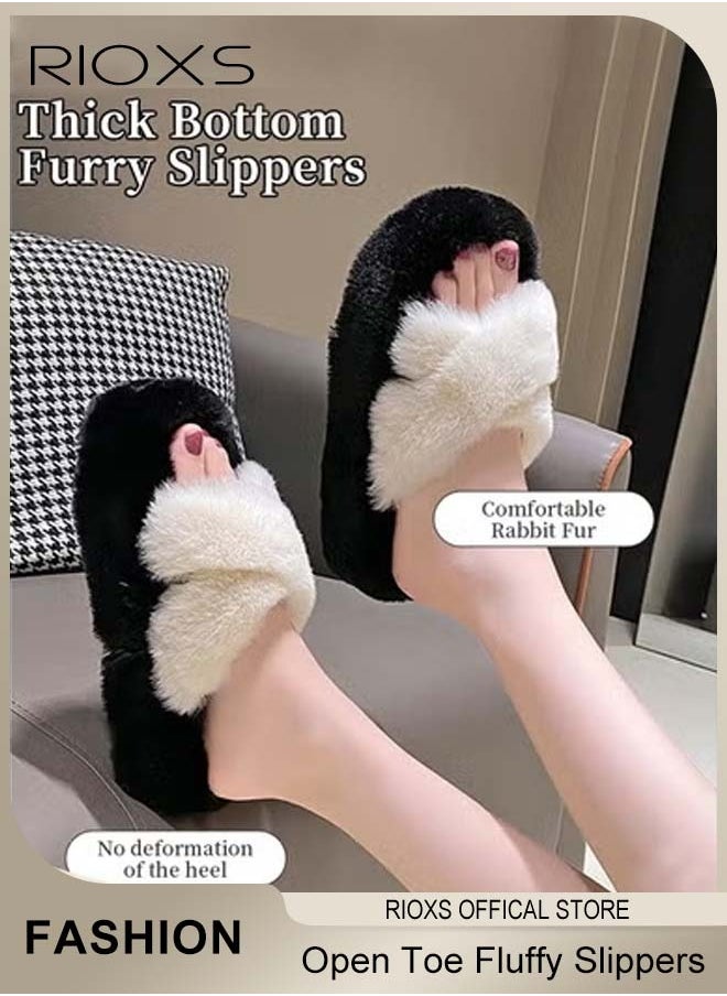 RIOXS Women's Fluffy Slippers, Stylish Cross Band Fluffy Slippers For Women, Soft Cozy Open-toe House Slippers, Furry Warm Comfy Slip-ons For Indoor Outdoor Wear, Anti-Slide Slippers  - Image 3