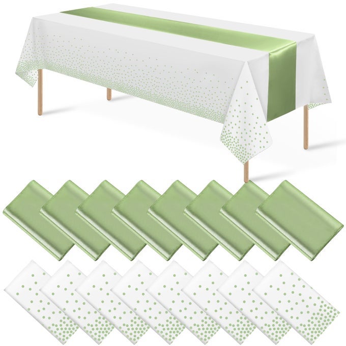 16PACK PLASTIC TABLECLOTHS AND SATIN TABLE RUNNER SET DISPOSABLE WHITE AND SAGE GREEN DOT TABLE CLOTH GREEN SATIN TABLE RUNNER FOR WEDDING BIRTHDAY BABY SHOWER ANNIVERSARY HOLIDAY PARTY DECORATIONS