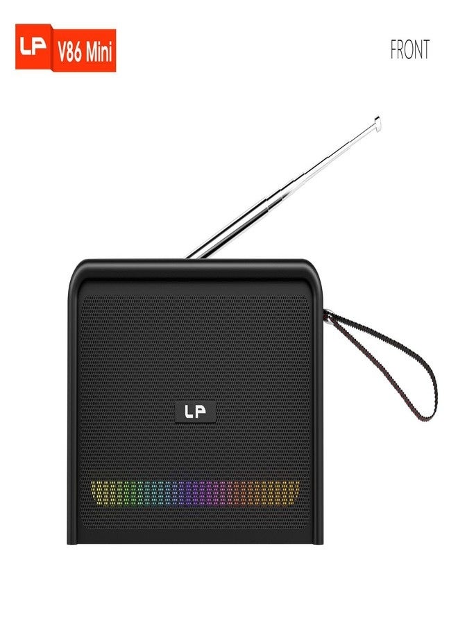 The LP V86 Mini is a portable wireless speaker featuring a modern, compact design, colorful RGB lighting, powerful bass, a 74cm antenna for FM radio reception, and a built-in smartphone holder for easy video and music viewing. - Image 4